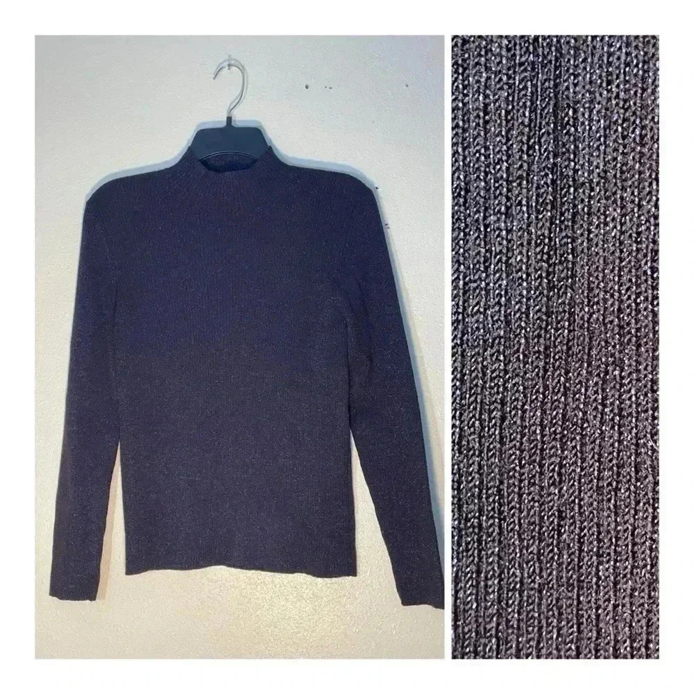 Oscar de la Renta M Ribbed Knit Mock Sweater Wool Nylon Top Brown Blue Metallic